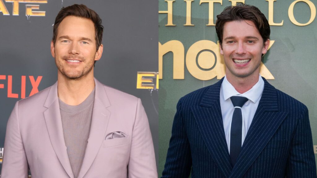 Chris Pratt in a light purple suit on the left and Patrick Schwarzenegger in a dark pinstripe suit on the right, both smiling at events.